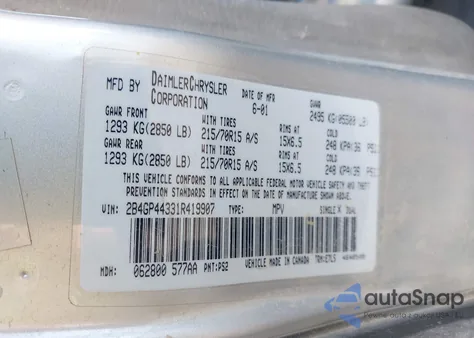 2001 Dodge Grand Caravan Sport z USA, uszkodzony, nr VIN 2B4GP44331R419907